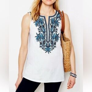 J. Jill Women's Size L Blue and White 100% Cotton Floral Embroidered Tank Top
